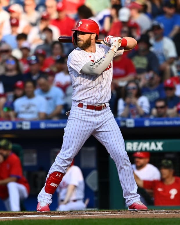 May 21, 2022; Philadelphia, Pennsylvania, USA; Philadelphia Phillies outfielder Bryce Harper (3) bats against the Los Angeles Dodgers in the first inning at Citizens Bank Park. Mandatory Credit: Kyle Ross-USA TODAY Sports
