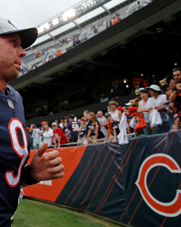 Aug 21, 2021; Chicago, Illinois, USA; Chicago Bears quarterback Nick Foles (9) walks off the field after the game against the Buffalo Bills at Soldier Field. Mandatory Credit: Jon Durr-USA TODAY Sports