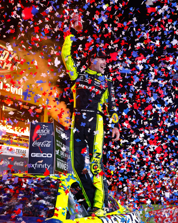 Ryan Blaney celebrates after winning the NASCAR Cup Series All-Star Race at Texas Motor Speedway on Sunday. (Photo by Jared C. Tilton/Getty Images)