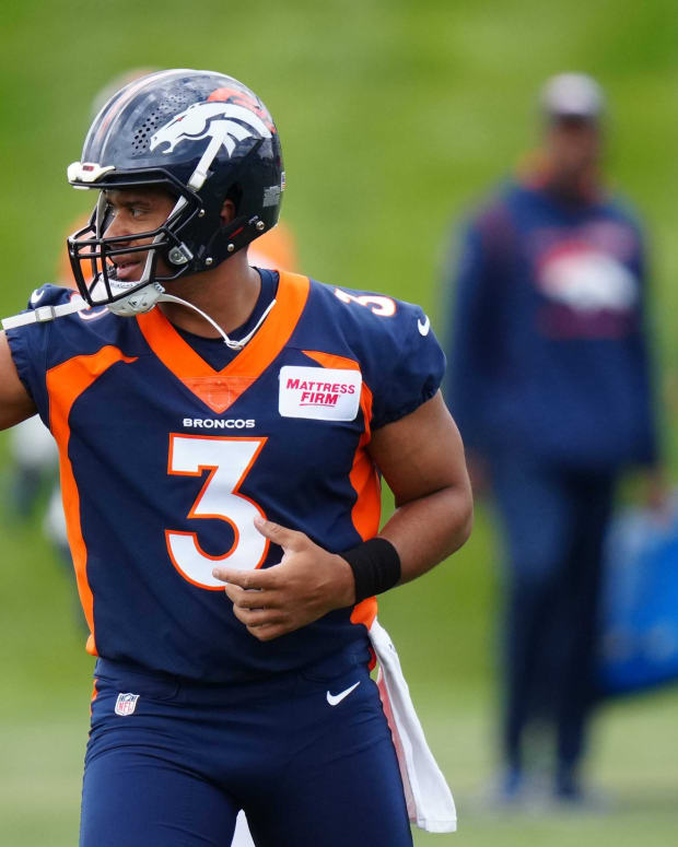 Denver Broncos quarterback Russell Wilson (3) during OTA workouts at the UC Health Training Center.