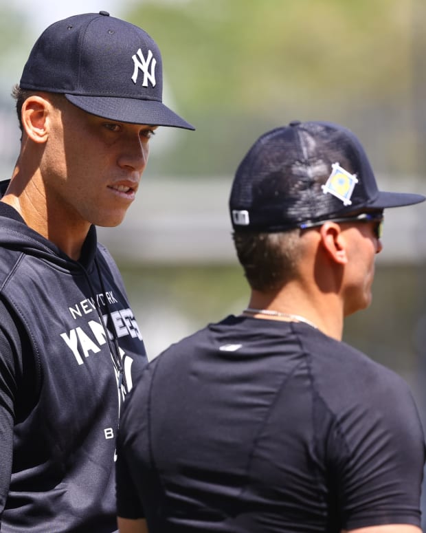 New York Yankees RF Aaron Judge looks at 3B Josh Donaldson