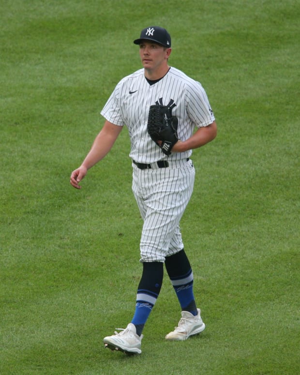 New York Yankees RP Chad Green walks off field