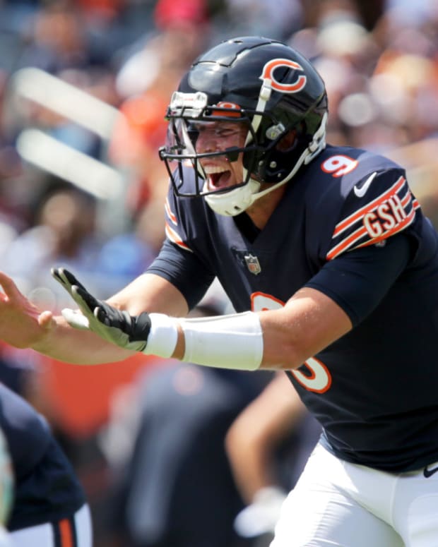 Aug 14, 2021; Chicago, Illinois, USA; Chicago Bears quarterback Nick Foles (9) during a preseason game at Soldier Field. Mandatory Credit: Eileen T. Meslar-USA TODAY Sports