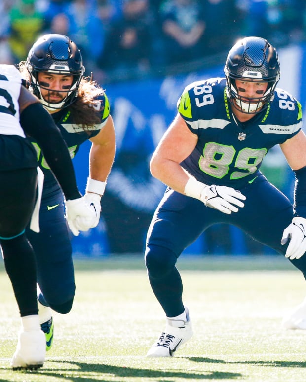 Seattle Seahawks tight end Will Dissly (89) reacts to a snap against the Jacksonville Jaguars during the second quarter at Lumen Field.