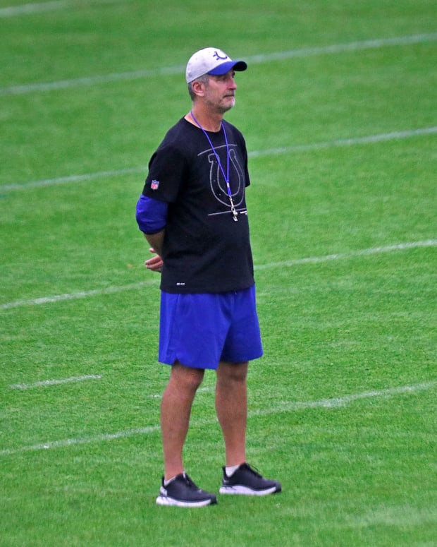 Head Coach Frank Reich watches his players during the last day of Colts camp practice Wednesday, Aug. 25, 2021 at Grand Park Sports Campus in Westfield. Last Day Of Colts Camp Practice Wednesday Aug 25 2021