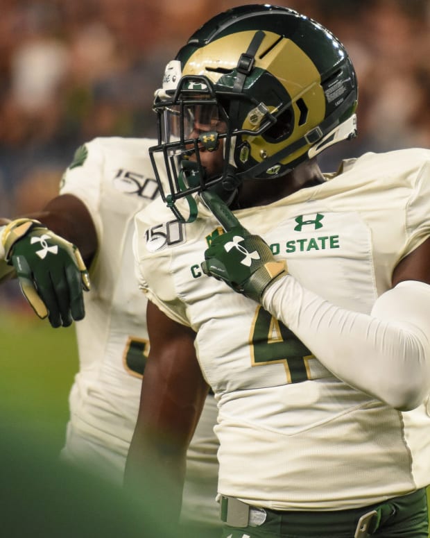 CSU cornerback Rashad Ajayi signals quiet to his bench after breaking up a pass against CU during the final Rocky Mountain Showdown at Broncos Stadium on Friday Aug. 30, 2019.