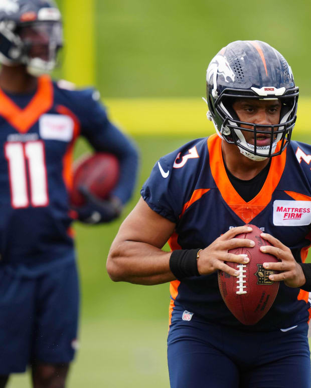Denver Broncos quarterback Russell Wilson (3) during OTA workouts at the UC Health Training Center.