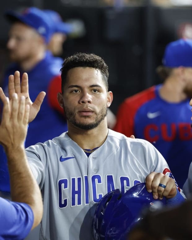May 28, 2022; Chicago, Illinois, USA; Chicago Cubs catcher Willson Contreras (40) celebrates with teammates after scores against the Chicago White Sox during the seventh inning at Guaranteed Rate Field. Mandatory Credit: Kamil Krzaczynski-USA TODAY Sports