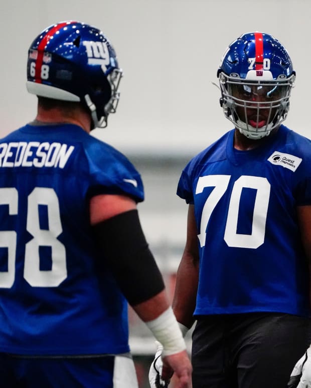 New York Giants rookie offensive lineman Evan Neal (70) on the field for organized team activities (OTAs) at the training center in East Rutherford on Thursday, May 19, 2022. Neal was a first-round draft pick for the Giants.