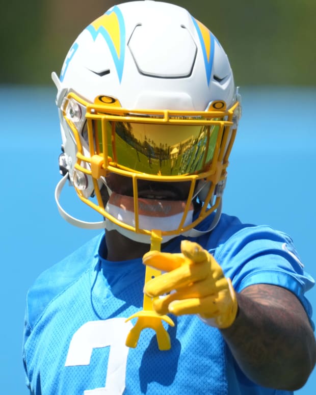 Jun 1, 2022; Costa Mesa, CA, USA; Los Angeles Chargers safety Derwin James Jr. (3) during organized team activities at Hoag Performance Center. Mandatory Credit: Kirby Lee-USA TODAY Sports