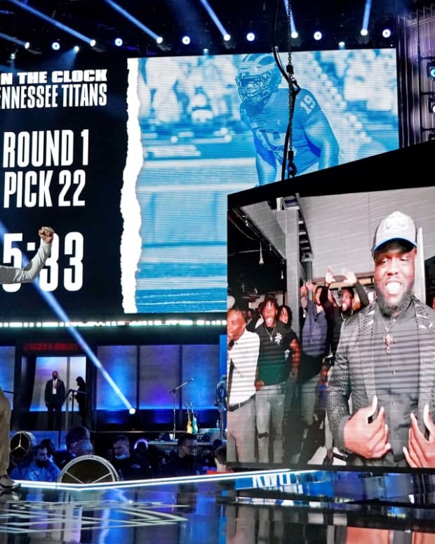 Apr 29, 2021; Cleveland, Ohio, USA; Kwity Payne (Michigan) with NFL commissioner Roger Goodell over video call after being selected by the Indianapolis Colts as the number 21 overall pick in the first round of the 2021 NFL Draft at First Energy Stadium.