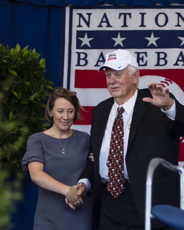 Jul 21, 2019; Cooperstown, NY, USA; Hall of Famer Gaylord Perry is introduced during the 2019 National Baseball Hall of Fame induction ceremony at the Clark Sports Center.
