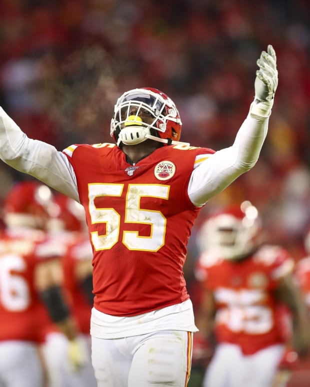 Jan 12, 2020; Kansas City, MO, USA; Kansas City Chiefs defensive end Frank Clark (55) celebrates during the fourth quarter against the Houston Texans in a AFC Divisional Round playoff football game at Arrowhead Stadium. Mandatory Credit: Mark J. Rebilas-USA TODAY Sports