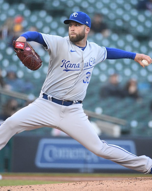 May 12, 2021; Detroit, Michigan, USA; Kansas City Royals starting pitcher Danny Duffy (30) pitches the ball during the second inning against the Detroit Tigers at Comerica Park. Mandatory Credit: Tim Fuller-USA TODAY Sports