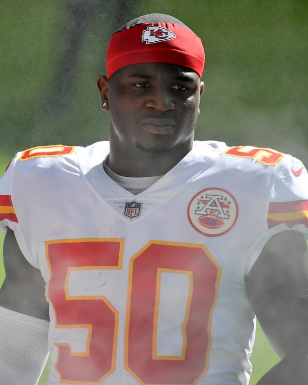 Dec 13, 2020; Miami Gardens, Florida, USA; Kansas City Chiefs outside linebacker Willie Gay Jr. (50) looks on prior to the game against the Miami Dolphins at Hard Rock Stadium. Mandatory Credit: Jasen Vinlove-USA TODAY Sports