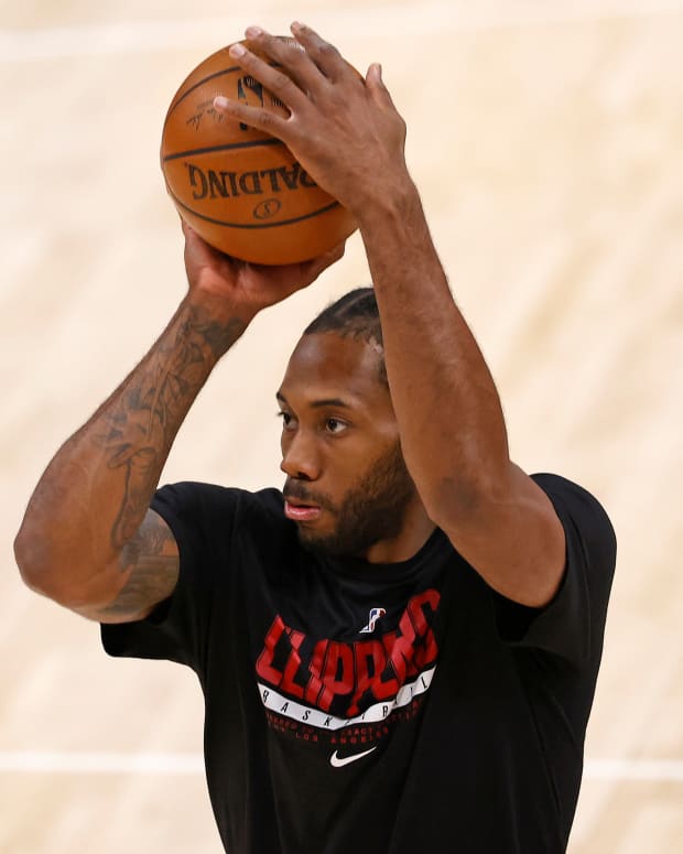 Jun 8, 2021; Salt Lake City, Utah, USA; LA Clippers forward Kawhi Leonard (2) warms up prior to game one in the second round of the 2021 NBA Playoffs. at Vivint Arena. Mandatory Credit: Jeffrey Swinger-USA TODAY Sports
