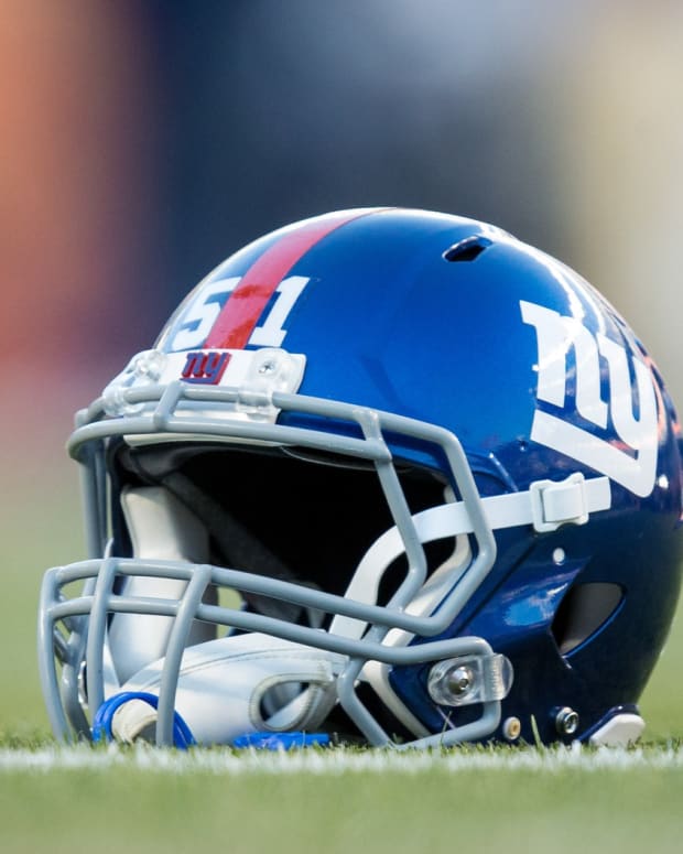 Oct 15, 2017; Denver, CO, USA; A general view of a New York Giants helmet on the turf before the game against the Denver Broncos at Sports Authority Field at Mile High.
