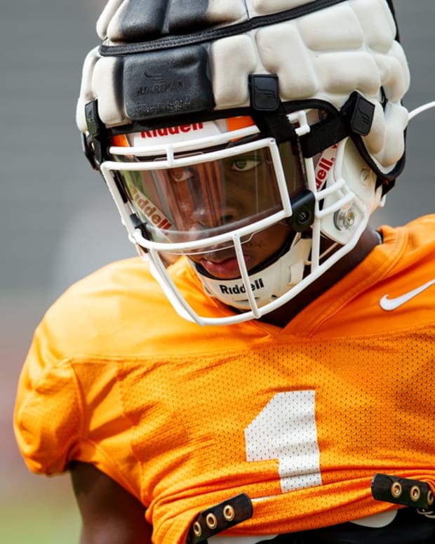 KNOXVILLE, TN - August 12, 2021 - Defensive back Trevon Flowers #1 of the Tennessee Volunteers during 2021 Fall Camp practice in Neyland Stadium in Knoxville, TN. Photo By Caleb Jones/Tennessee Athletics
