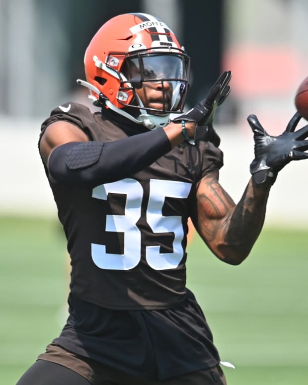 Jul 28, 2021; Berea, Ohio, USA; Cleveland Browns safety Jovante Moffatt (35) catches a pass during training camp at CrossCountry Mortgage Campus. Mandatory Credit: Ken Blaze-USA TODAY Sports
