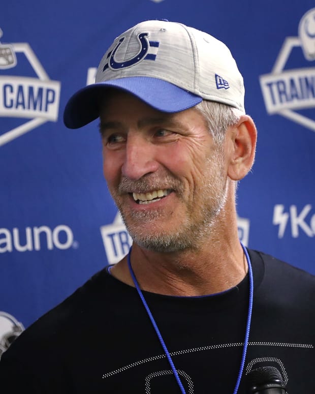Head Coach Frank Reich answers reporters' questions after the last day of Colts camp practice Wednesday, Aug. 25, 2021 at Grand Park Sports Campus in Westfield. Last Day Of Colts Camp Practice Wednesday Aug 25 2021