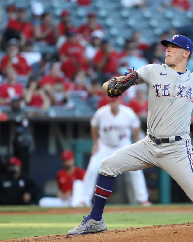 Sep 4, 2021; Anaheim, California, USA; Texas Rangers starting pitcher Kolby Allard (39) throws against the Los Angeles Angels during the first inning at Angel Stadium.
