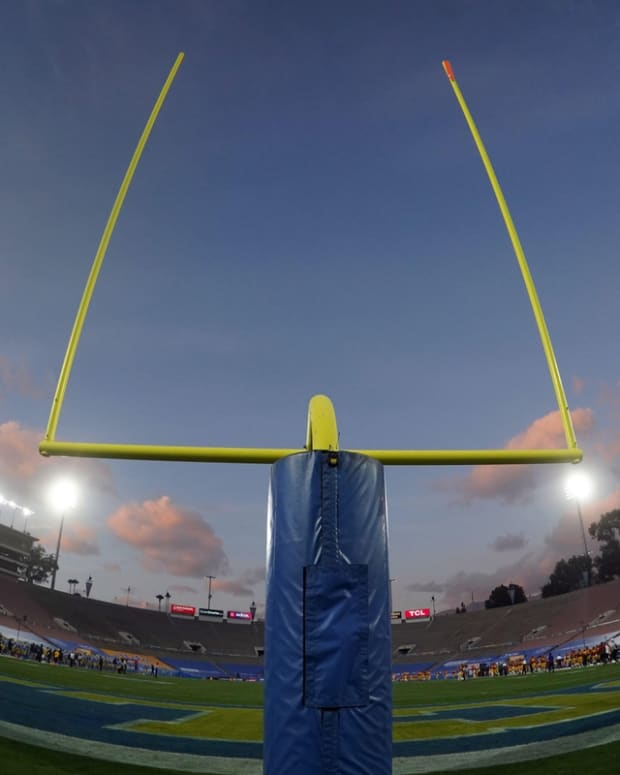 Dec 12, 2020; Pasadena, California, USA; A general view of the Rose Bowl goal posts during an NCAA football game between the Southern California Trojans and the UCLA Bruins. Mandatory Credit: Kirby Lee-USA TODAY Sports