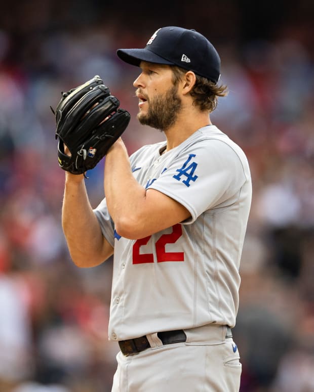 Jul 3, 2021; Washington, District of Columbia, USA; Los Angeles Dodgers starting pitcher Clayton Kershaw (22) in action against the Washington Nationals at Nationals Park.