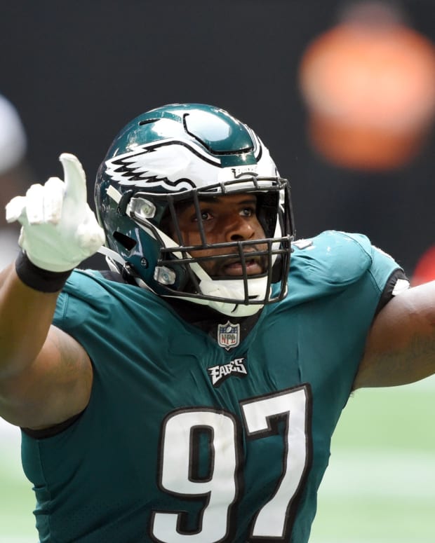Javon Hargrave celebrates a big play in Eagles' 32-6 rout of the Atlanta Falcons on opening day