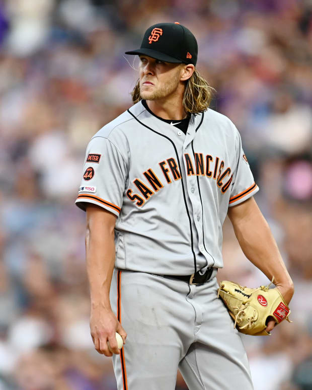 SF Giants pitcher Shaun Anderson looks to the outfield after giving up a home run against the Rockies. (2019)