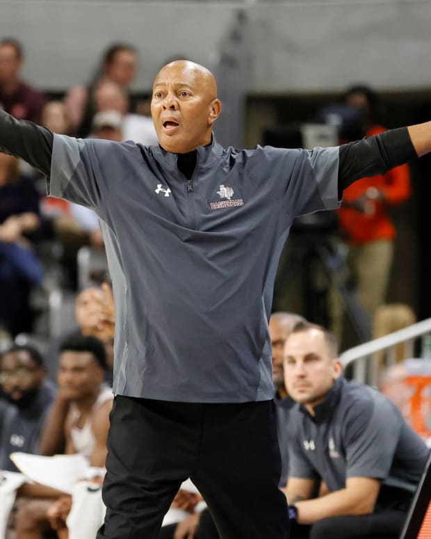 Nov 18, 2022; Auburn, Alabama, USA; Texas Southern Tigers head coach Johnny Jones reacts to a call during the first half against the Auburn Tigers at Neville Arena. Mandatory Credit: John Reed-USA TODAY Sports