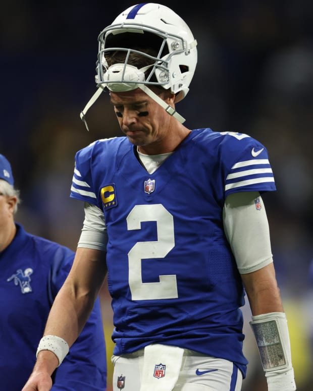 Nov 28, 2022; Indianapolis, Indiana, USA; Indianapolis Colts quarterback Matt Ryan (2) walks off the field following the game against the Pittsburgh Steelers at Lucas Oil Stadium.