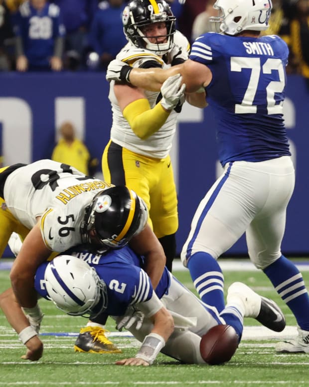 Nov 28, 2022; Indianapolis, Indiana, USA; Indianapolis Colts quarterback Matt Ryan (2) is hit by Pittsburgh Steelers outside linebacker Alex Highsmith (56) during the second half at Lucas Oil Stadium. Mandatory Credit: Trevor Ruszkowski-USA TODAY Sports