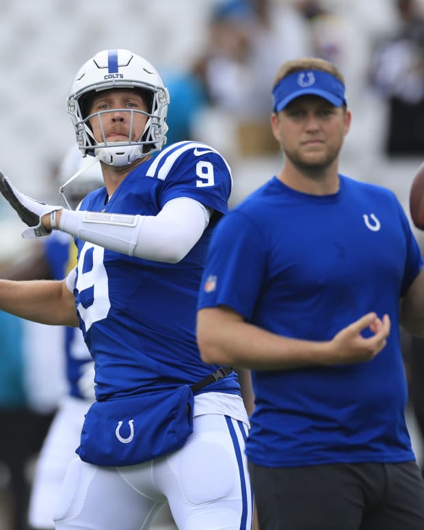 Indianapolis Colts quarterback Nick Foles (9) throws the ball before a regular season game between the Jacksonville Jaguars and the Indianapolis Colts Sunday, Sept. 18, 2022 at TIAA Bank Field in Jacksonville.
