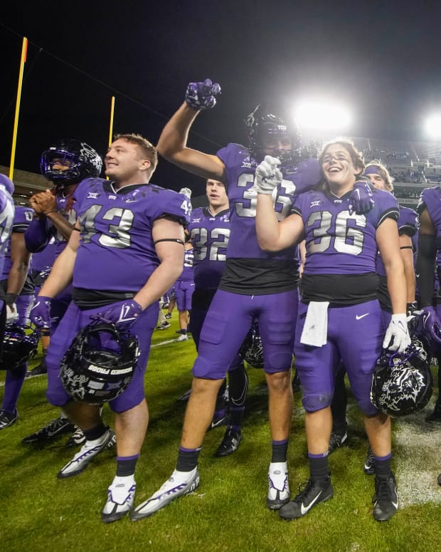 Nov 26, 2022; Fort Worth, Texas, USA; The TCU Horned Frogs sing the fight song following a 62-14 victory over the Iowa State Cyclones at Amon G. Carter Stadium. Mandatory Credit: Raymond Carlin III-USA TODAY Sports
