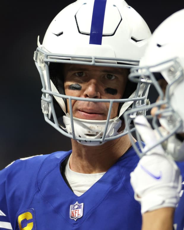 Nov 28, 2022; Indianapolis, Indiana, USA; Indianapolis Colts quarterback Matt Ryan (left) looks on during the second half against the Pittsburgh Steelers at Lucas Oil Stadium. Mandatory Credit: Trevor Ruszkowski-USA TODAY Sports