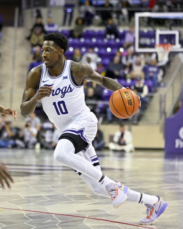 Nov 30, 2022; Fort Worth, Texas, USA; TCU Horned Frogs guard Damion Baugh (10) drives to the basket against the Providence Friars during the first half at Ed and Rae Schollmaier Arena.