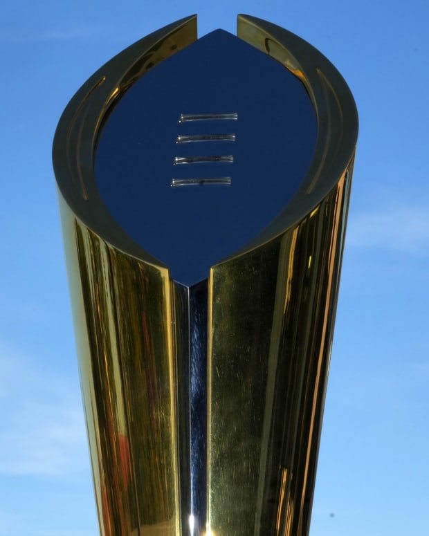 Nov 17, 2022; Los Angeles, California, USA; The College Football Playoff National Championship trophy at CFP press conference at Banc of California Stadium.