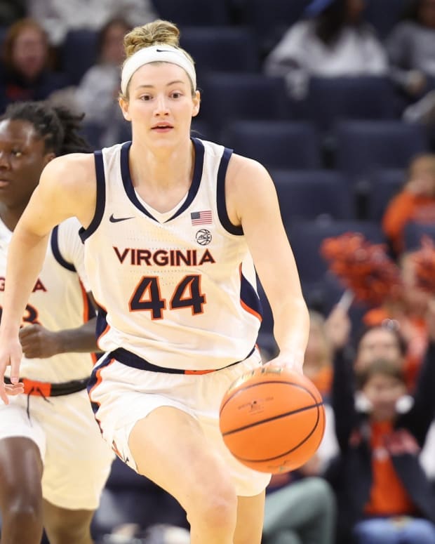 McKenna Dale dribbles the ball down the floor during the Virginia women's basketball game against Wake Forest at John Paul Jones Arena.