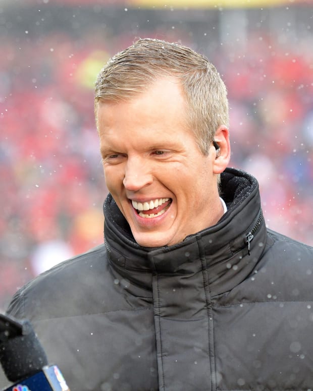 Jan 12, 2019; Kansas City, MO, USA; NBC announcer Chris Simms laughs on the sidelines before the AFC Divisional playoff football game between the Kansas City Chiefs and Indianapolis Colts at Arrowhead Stadium. Mandatory Credit: Denny Medley-USA TODAY Sports