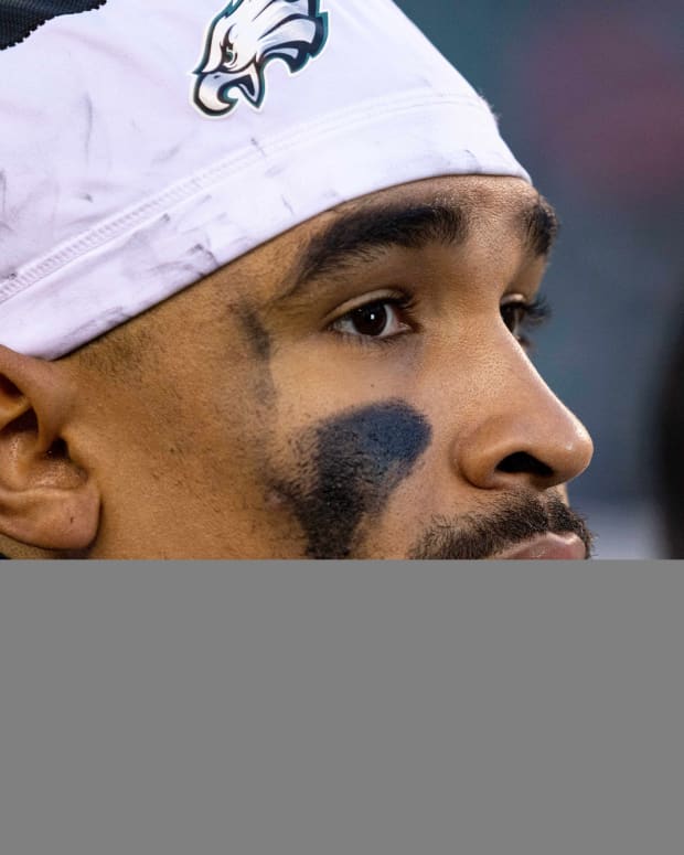 Philadelphia Eagles quarterback Jalen Hurts (1) on the field after a victory against the Tennessee Titans at Lincoln Financial Field.