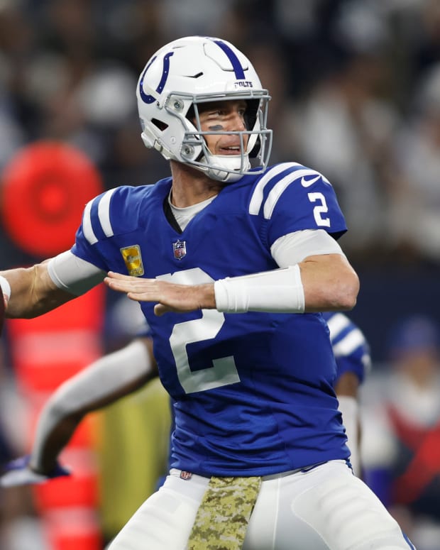 Dec 4, 2022; Arlington, Texas, USA; Indianapolis Colts quarterback Matt Ryan (2) throws a pass against the Dallas Cowboys in the second quarter at AT&T Stadium. Mandatory Credit: Tim Heitman-USA TODAY Sports