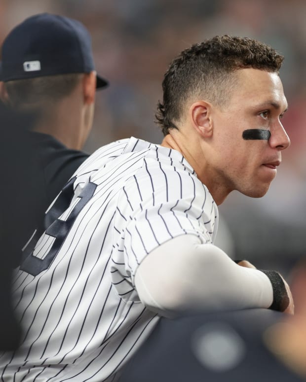 New York Yankees RF Aaron Judge looks from dugout