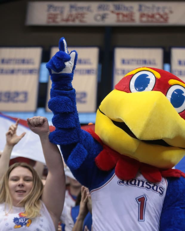 Big Jay joins the student second in cheering on Kansas during the second half of Saturday's game against Iowa State inside Allen Fieldhouse.