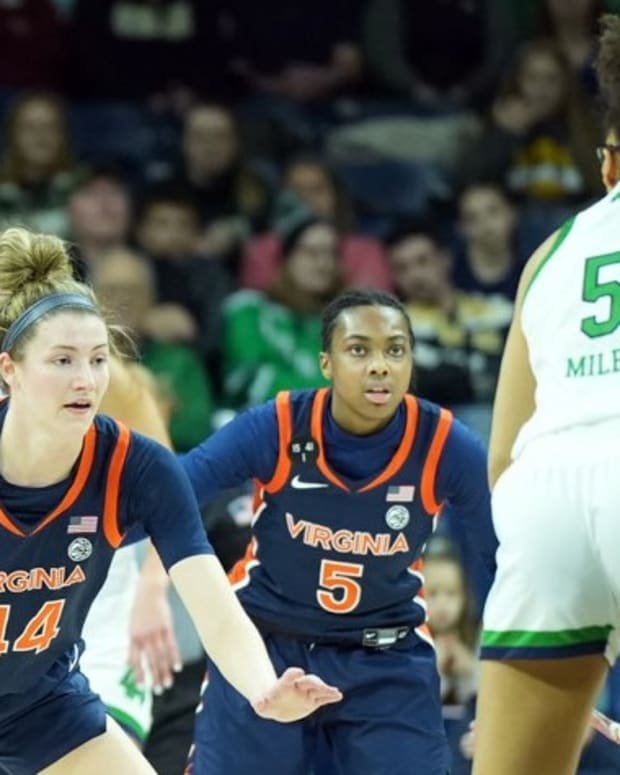 McKenna Dale and Yonta Vaughn playing defense during the Virginia women's basketball game at Notre Dame.