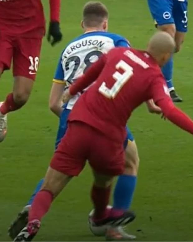 Fabinho pictured fouling Evan Ferguson during Liverpool's 2-1 defeat at Brighton in the 2022/23 FA Cup