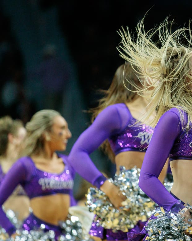 Jan 28, 2023; Manhattan, Kansas, USA; Kansas State Wildcats dance team performs during a break in play during the game against the Florida Gators at Bramlage Coliseum. Mandatory Credit: William Purnell-USA TODAY Sports