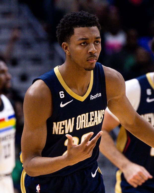 New Orleans Pelicans guard Trey Murphy III (25) reacts after making a three point basket against the Minnesota Timberwolves during the second half at Smoothie King Center.