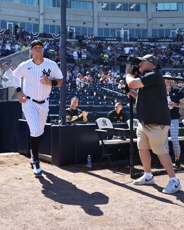 New York Yankees center fielder Aaron Judge (99) is introduced before the game against the Atlanta Braves at George M. Steinbrenner Field.