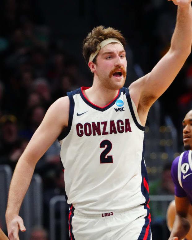 Gonzaga star Drew Timme reacts to a play during a win against Grand Canyon at the NCAA tournament.