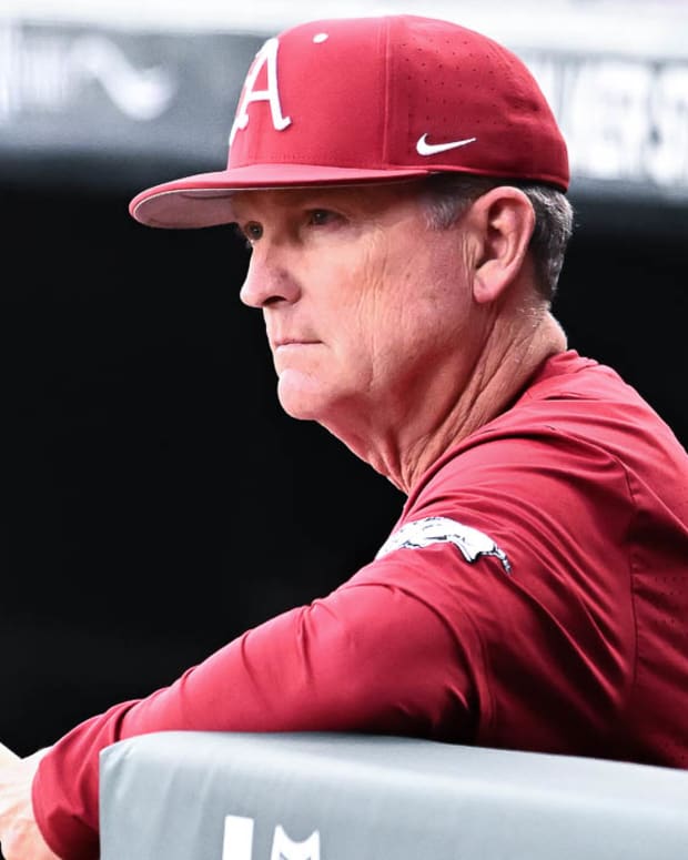 Razorbacks' Dave Van Horn in the dugout in the first inning against Alabama on Friday evening.